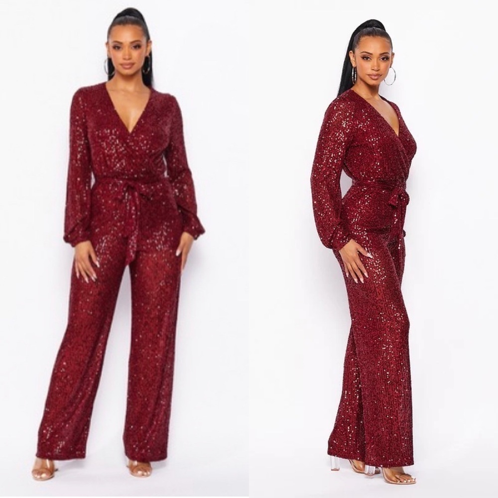 #70 Radiant Burgundy Sequin Jumpsuit - Picture 7 of 8